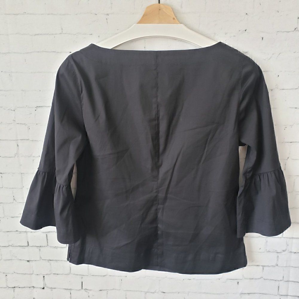 WHBM V-Neck Solid Black Blouse 3/4 Flutter Sleeve Size 2 Career Cotton Stretch - Picture 7 of 8